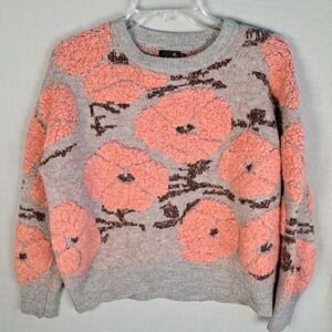 Cliche' Floral Large Bouclé Wool Blend Sweater Gray Pink Poppy Art to Wear Artsy